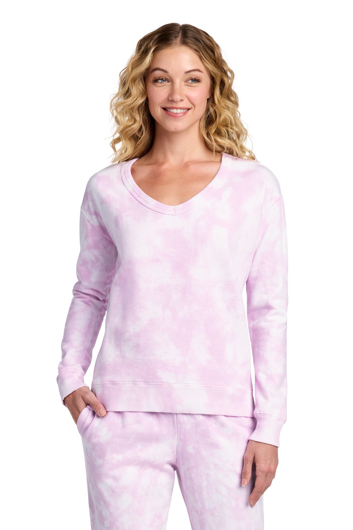 Port & Co Women's Beach Wash ® Cloud Tie-Dye V-Neck Sweatshirt LPC140V