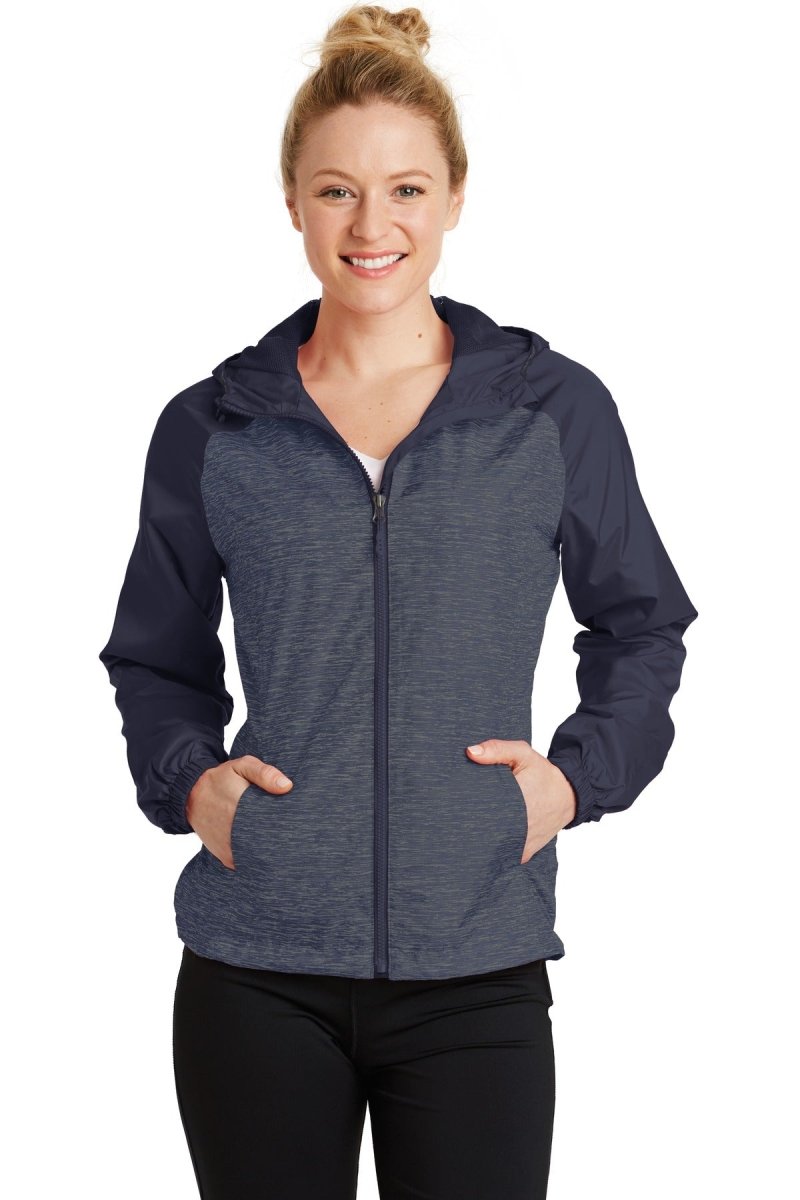 Sport-Tek® Ladies Heather Colorblock Raglan Hooded Wind Jacket. LST40 - uslegacypromotions