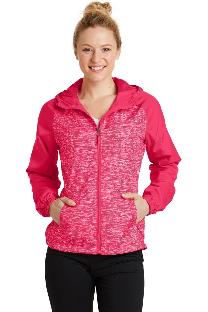 Sport-Tek® Ladies Heather Colorblock Raglan Hooded Wind Jacket. LST40 - uslegacypromotions