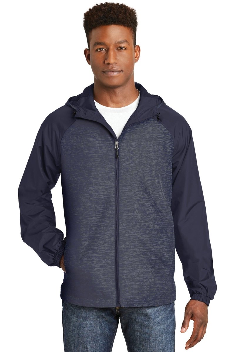 Sport-TekÂ® Heather Colorblock Raglan Hooded Wind Jacket. JST40 - uslegacypromotions