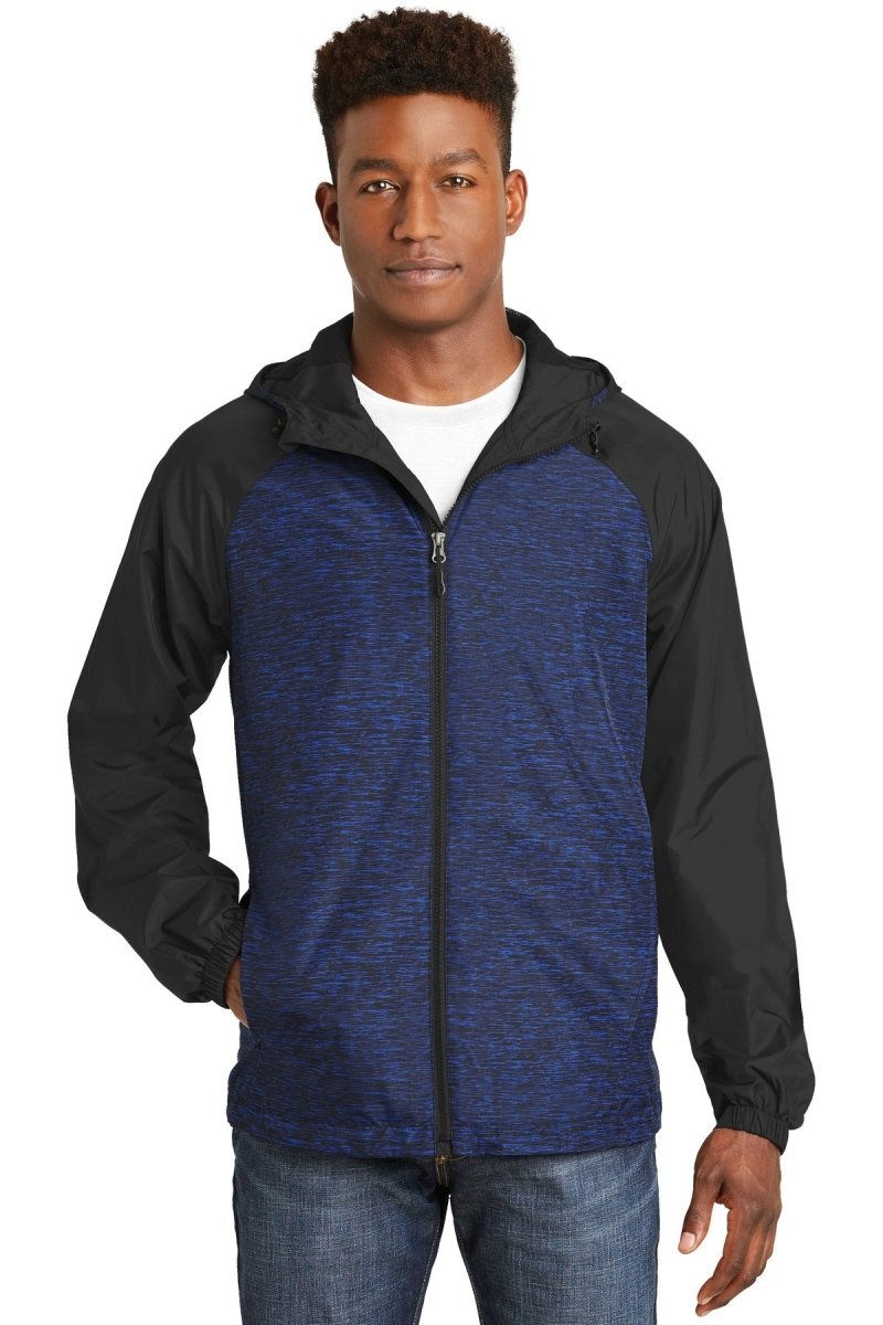 Sport-TekÂ® Heather Colorblock Raglan Hooded Wind Jacket. JST40 - uslegacypromotions